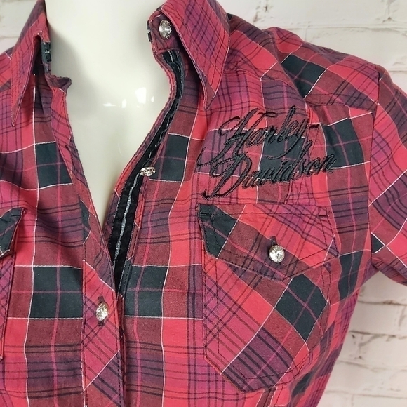  Harley Davidson Plaid Lace up Back Button Down Shirt - Picture 3 of 10